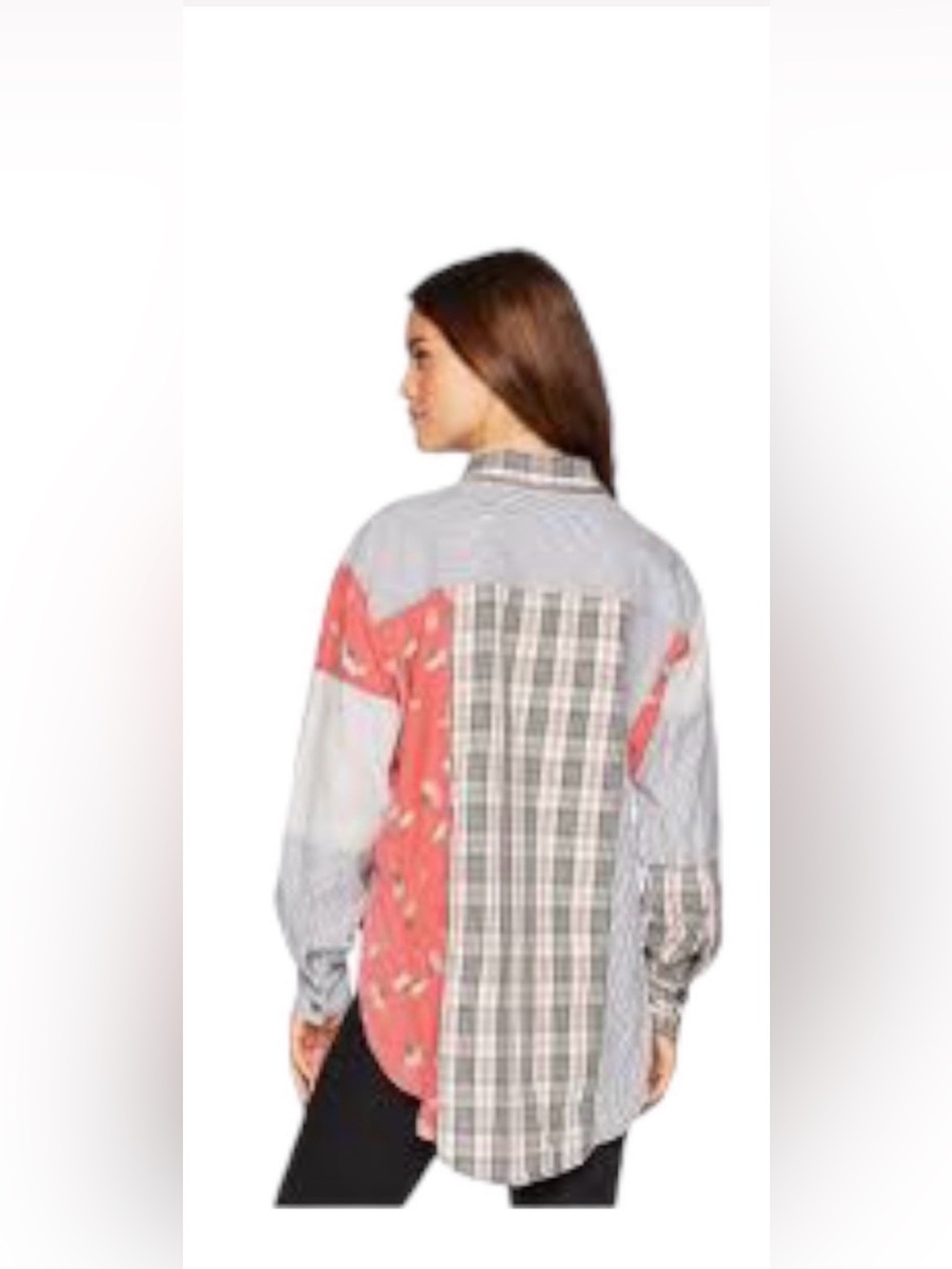 Free People All Patched Up Button Down Shirt Patchwork Plaid Floral Oversized M - Picture 4 of 15